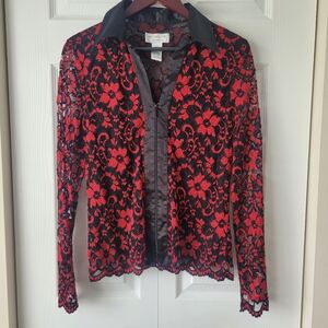 Victor Costa Red and Black Lace Sheer Top Jacket Shirt Full Zip Chic
